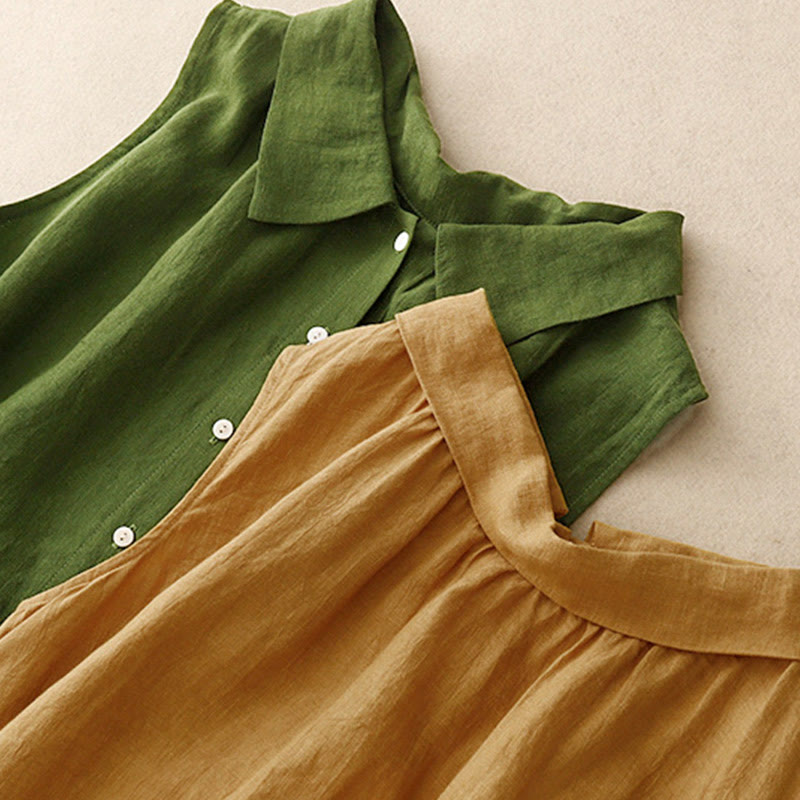 Robe midi en coton sans manches à revers et à lacets avec boutons sur le devant, style cardigan d'été uni Buddha Stones - image 15