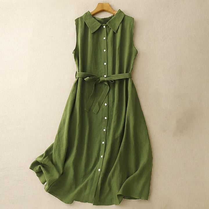 Robe midi en coton sans manches à revers et à lacets avec boutons sur le devant, style cardigan d'été uni Buddha Stones - Forêt Verte - US12，UK/AU16，EU44 (2XL) - image 8