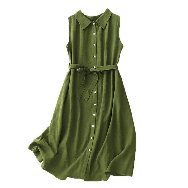 Robe midi en coton sans manches à revers et à lacets avec boutons sur le devant, style cardigan d'été uni Buddha Stones - image 13