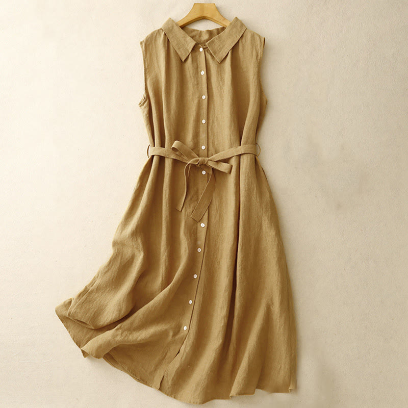 Robe midi en coton sans manches à revers et à lacets avec boutons sur le devant, style cardigan d'été uni Buddha Stones - Verge d'or - US12，UK/AU16，EU44 (2XL) - image 0