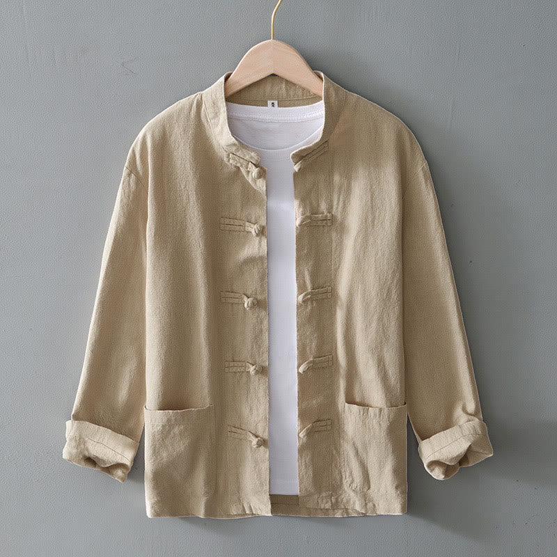 Chemise homme en coton et lin, style Tang, avec poches, à boutons grenouille et motifs de Buddha Stones - Beige - US/UK/AU50，EU60 (5XL) - image 23