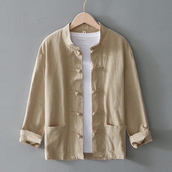 Chemise homme en coton et lin, style Tang, avec poches, à boutons grenouille et motifs de Buddha Stones - Beige - US/UK/AU50，EU60 (5XL) - image 23