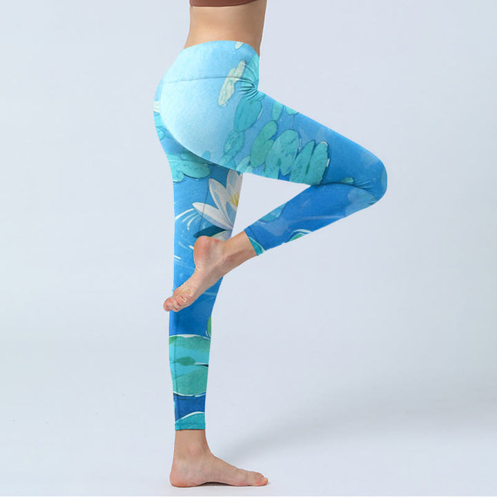 Leggings de sport imprimés Buddha Stones, fleurs de lotus blanches et feuilles de lotus vertes, pantalons de yoga pour femmes - image 4