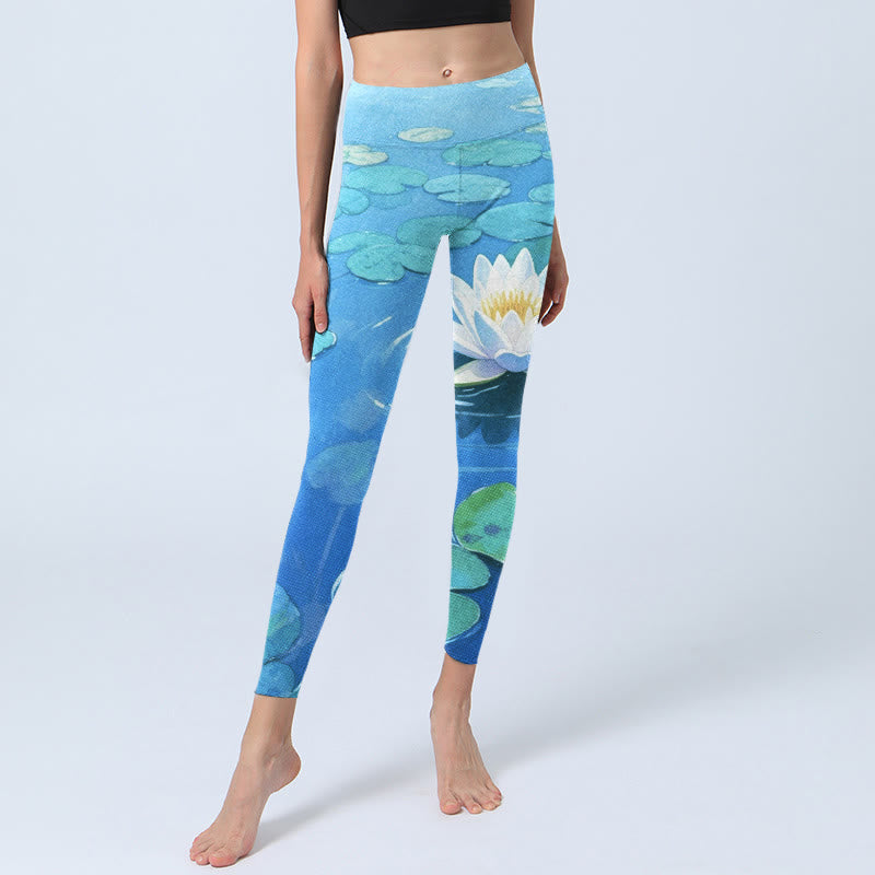 Leggings de sport imprimés Buddha Stones, fleurs de lotus blanches et feuilles de lotus vertes, pantalons de yoga pour femmes - image 6