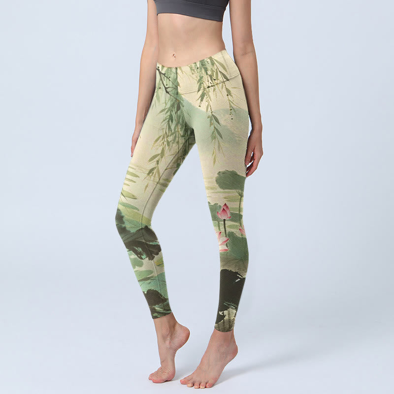 Leggings de sport imprimés Buddha Stones, fleur de lotus rose, feuilles de lotus, branches de saule, pantalons de yoga pour femmes - Vert d'eau - US18，UK/AU22，EU50 (4XL) - image 0