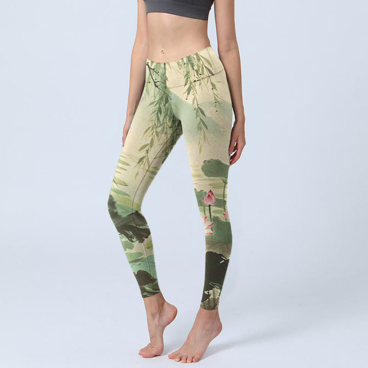 Leggings de sport imprimés Buddha Stones, fleur de lotus rose, feuilles de lotus, branches de saule, pantalons de yoga pour femmes - Vert d'eau - US18，UK/AU22，EU50 (4XL) - image 0