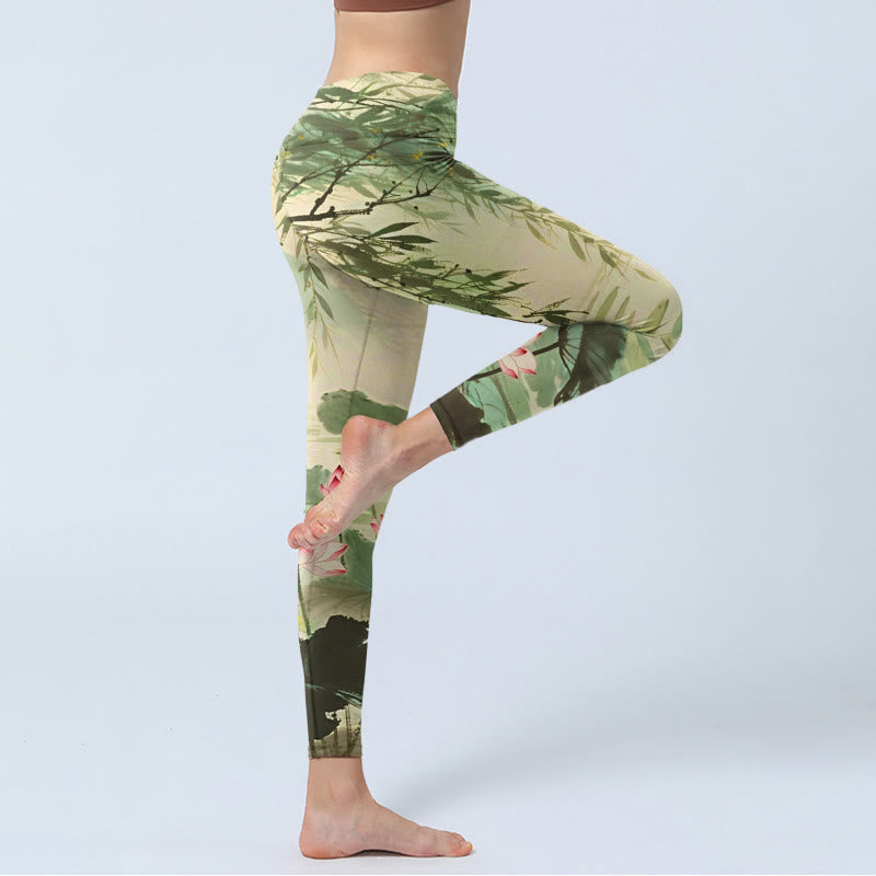 Leggings de sport imprimés Buddha Stones, fleur de lotus rose, feuilles de lotus, branches de saule, pantalons de yoga pour femmes - image 5