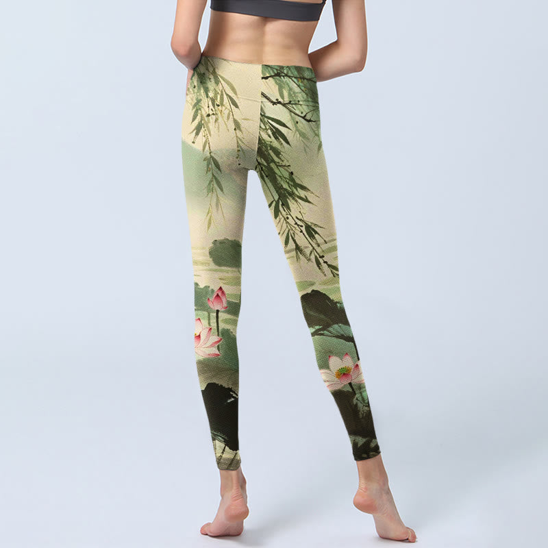 Leggings de sport imprimés Buddha Stones, fleur de lotus rose, feuilles de lotus, branches de saule, pantalons de yoga pour femmes - image 7