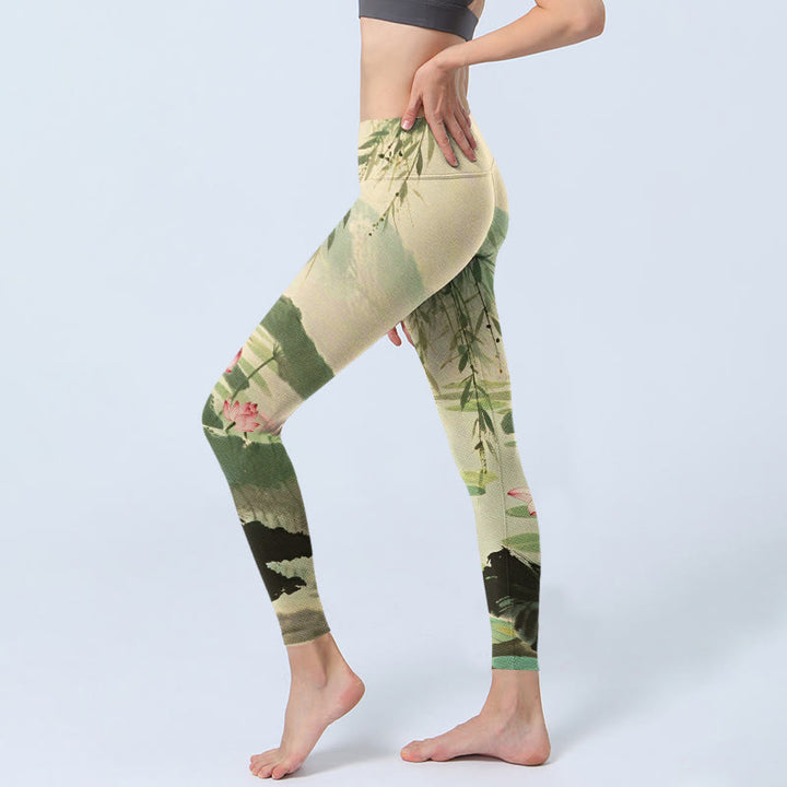 Leggings de sport imprimés Buddha Stones, fleur de lotus rose, feuilles de lotus, branches de saule, pantalons de yoga pour femmes - image 2