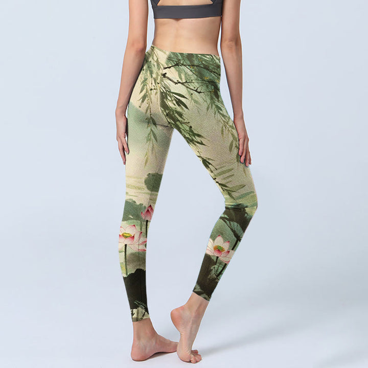 Leggings de sport imprimés Buddha Stones, fleur de lotus rose, feuilles de lotus, branches de saule, pantalons de yoga pour femmes - image 4