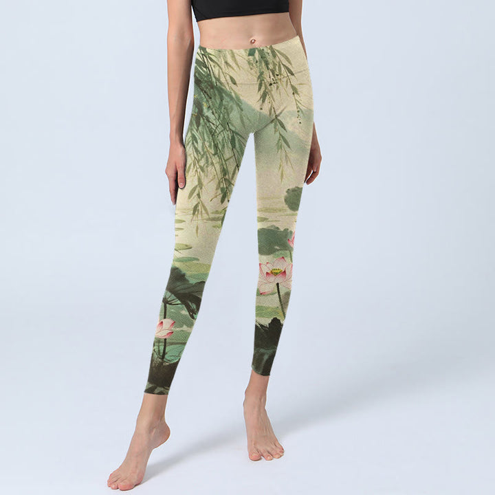 Leggings de sport imprimés Buddha Stones, fleur de lotus rose, feuilles de lotus, branches de saule, pantalons de yoga pour femmes - image 5