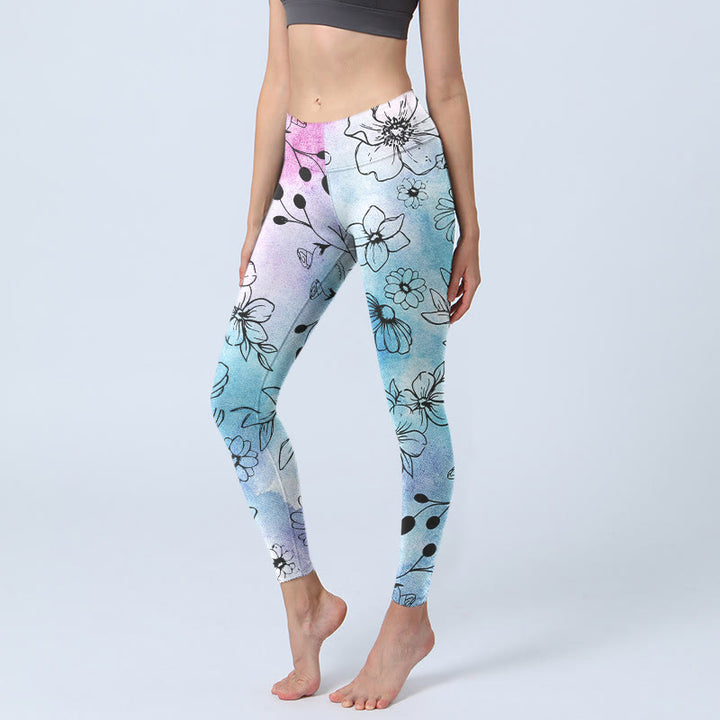 Leggings de sport à imprimé feuilles et fleurs noires avec Buddha Stones , pantalons de yoga pour femmes - Bleu ciel clair - US18，UK/AU22，EU50 (4XL) - image 0