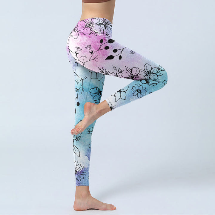 Leggings de sport à imprimé feuilles et fleurs noires avec Buddha Stones , pantalons de yoga pour femmes - image 4