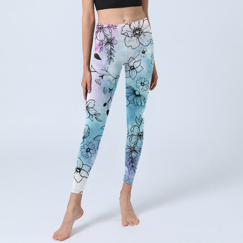 Leggings de sport à imprimé feuilles et fleurs noires avec Buddha Stones , pantalons de yoga pour femmes - image 6