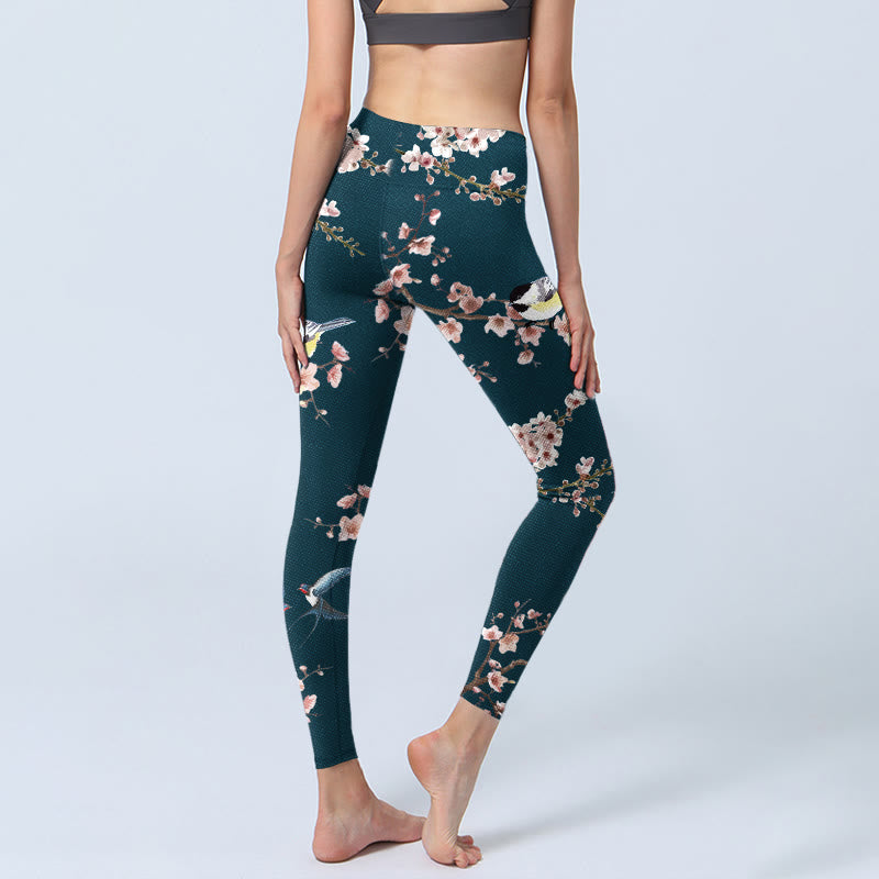 Leggings de sport à imprimé Buddha Stones, moineau, hirondelle, fleur de pêcher, pantalon de yoga pour femme - image 4