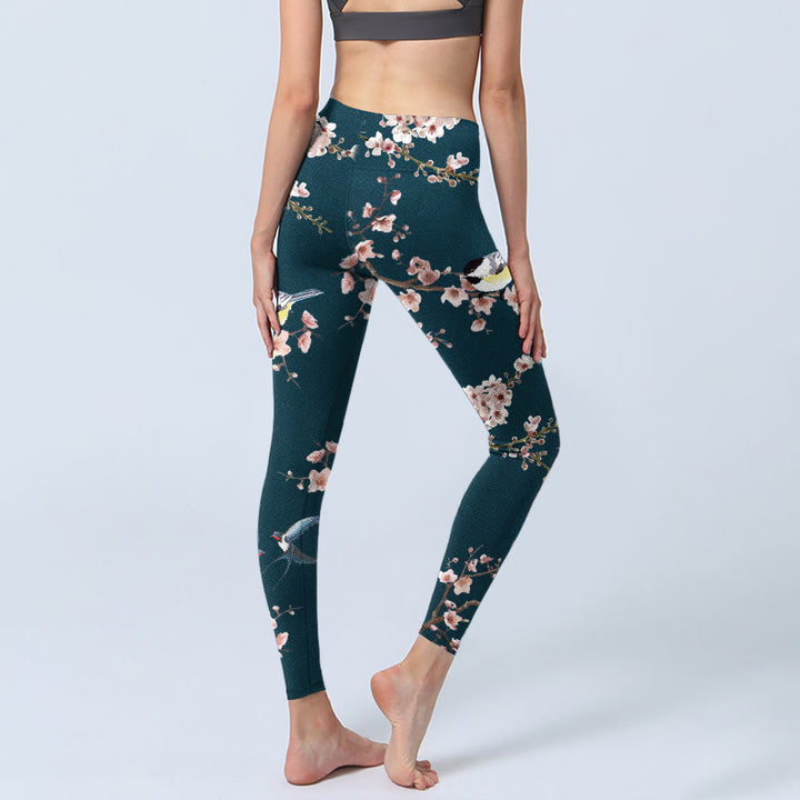 Leggings de sport à imprimé Buddha Stones, moineau, hirondelle, fleur de pêcher, pantalon de yoga pour femme - image 4