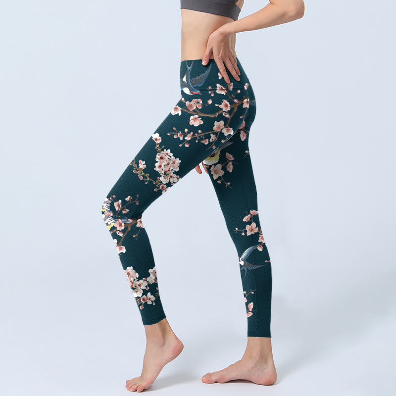 Leggings de sport à imprimé Buddha Stones, moineau, hirondelle, fleur de pêcher, pantalon de yoga pour femme - image 3