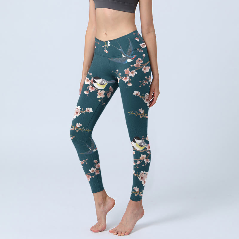 Leggings de sport à imprimé Buddha Stones, moineau, hirondelle, fleur de pêcher, pantalon de yoga pour femme - Gris ardoise foncé - US18，UK/AU22，EU50 (4XL) - image 1