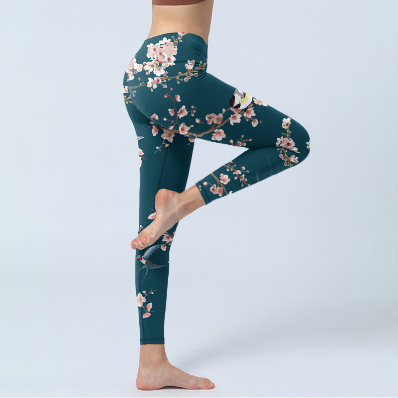 Leggings de sport à imprimé Buddha Stones, moineau, hirondelle, fleur de pêcher, pantalon de yoga pour femme - image 5