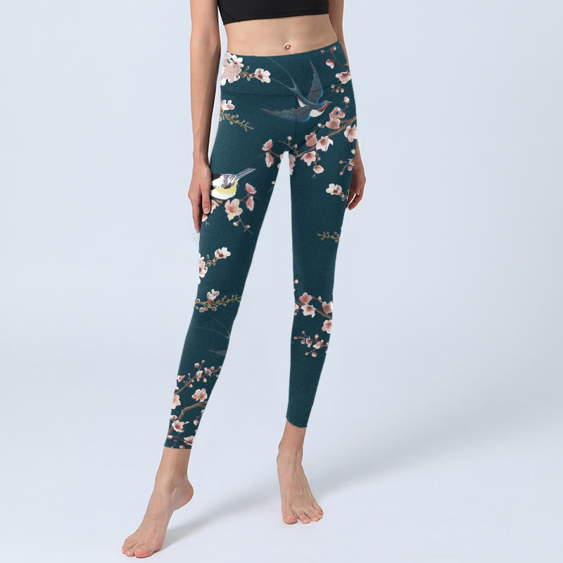 Leggings de sport à imprimé Buddha Stones, moineau, hirondelle, fleur de pêcher, pantalon de yoga pour femme - image 6
