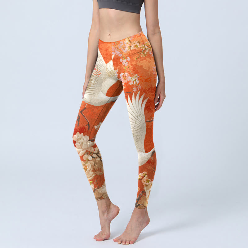 Leggings de sport imprimés Buddha Stones, grue à couronne rouge, fleurs de cerisier et lotus, pantalons de yoga pour femmes - OrangeRouge - US18，UK/AU22，EU50 (4XL) - image 0