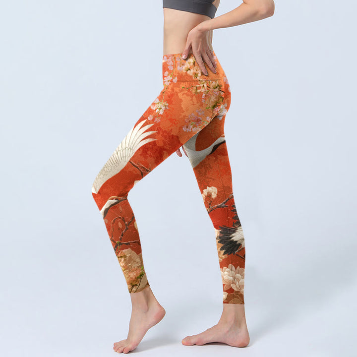 Leggings de sport imprimés Buddha Stones, grue à couronne rouge, fleurs de cerisier et lotus, pantalons de yoga pour femmes - image 3