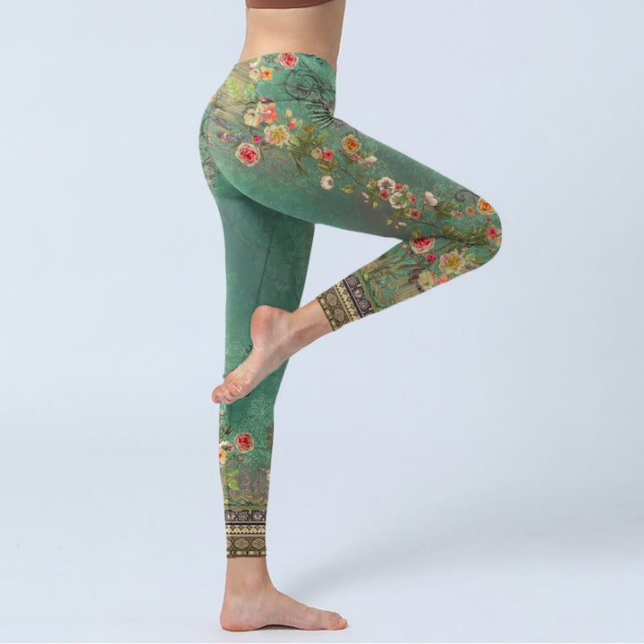 Leggings de sport à imprimé floral vintage en dentelle damassée avec Buddha Stones , pantalons de yoga pour femmes - image 4