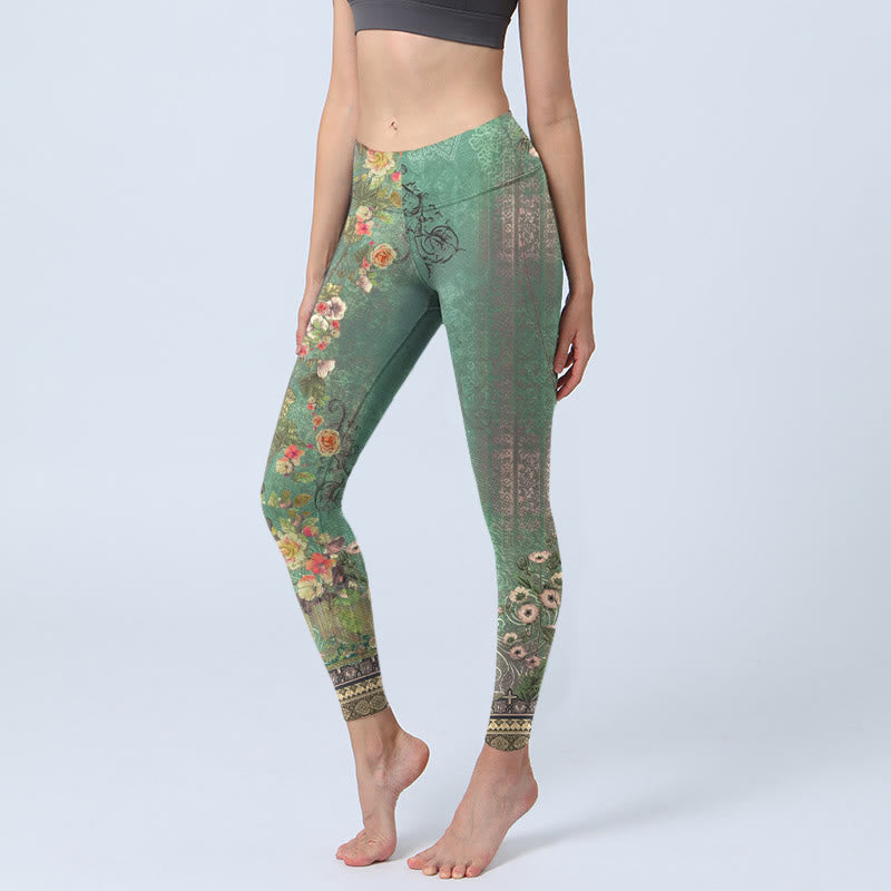 Leggings de sport à imprimé floral vintage en dentelle damassée avec Buddha Stones , pantalons de yoga pour femmes - Vert mer moyen - US18，UK/AU22，EU50 (4XL) - image 0