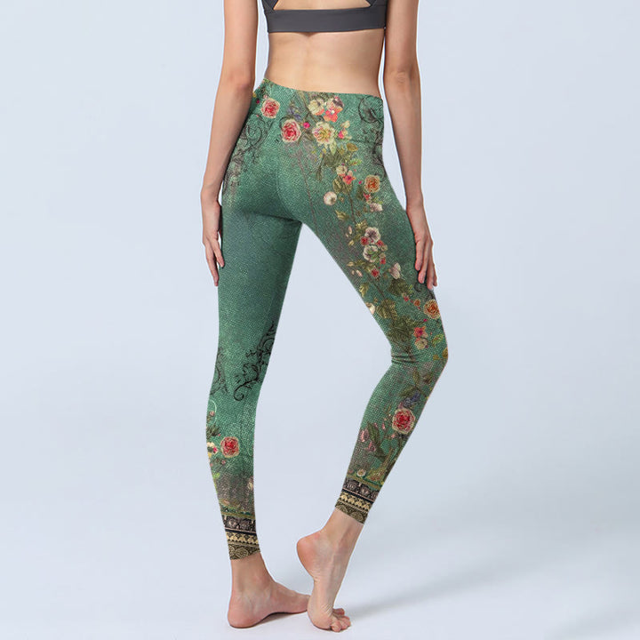 Leggings de sport à imprimé floral vintage en dentelle damassée avec Buddha Stones , pantalons de yoga pour femmes - image 3