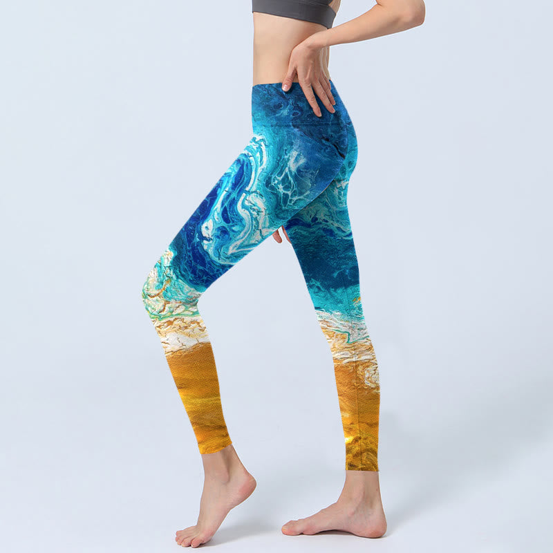 Leggings de sport imprimés Buddha Stones Ocean Wave Golden Shore pour femmes, pantalons de yoga - image 3