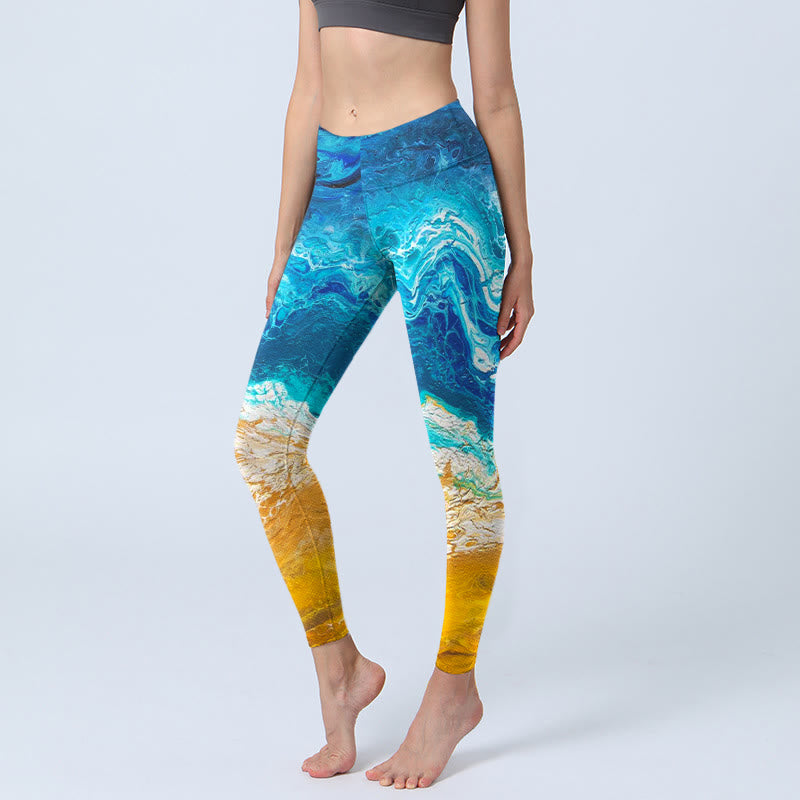 Leggings de sport imprimés Buddha Stones Ocean Wave Golden Shore pour femmes, pantalons de yoga - Bleu moyen - US18，UK/AU22，EU50 (4XL) - image 0