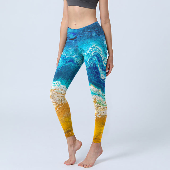 Leggings de sport imprimés Buddha Stones Ocean Wave Golden Shore pour femmes, pantalons de yoga - Bleu moyen - US18，UK/AU22，EU50 (4XL) - image 0