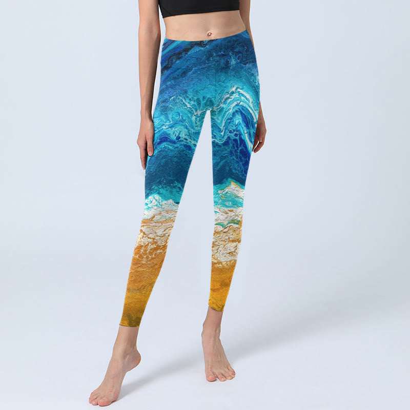 Leggings de sport imprimés Buddha Stones Ocean Wave Golden Shore pour femmes, pantalons de yoga - image 5
