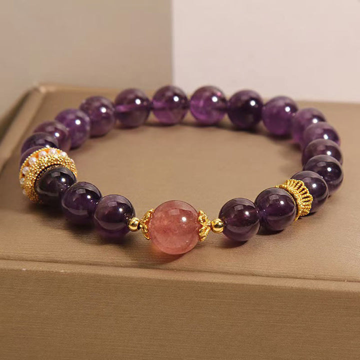 Bracelet de paix en perles de quartz fraise porte-bonheur en améthyste naturelle de Buddha Stones