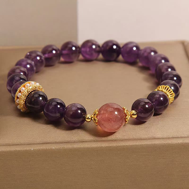 Bracelet de paix en perles de quartz fraise porte-bonheur en améthyste naturelle de Buddha Stones