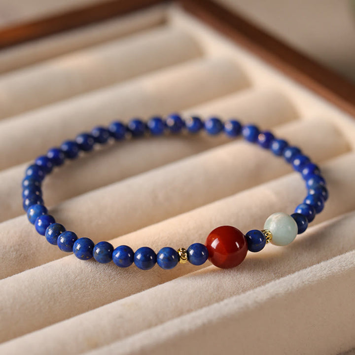 Bracelet positif en perles ultra-fines de lazurite, lapis-lazuli et agate, composé de petites Buddha Stones de positivité - image 2