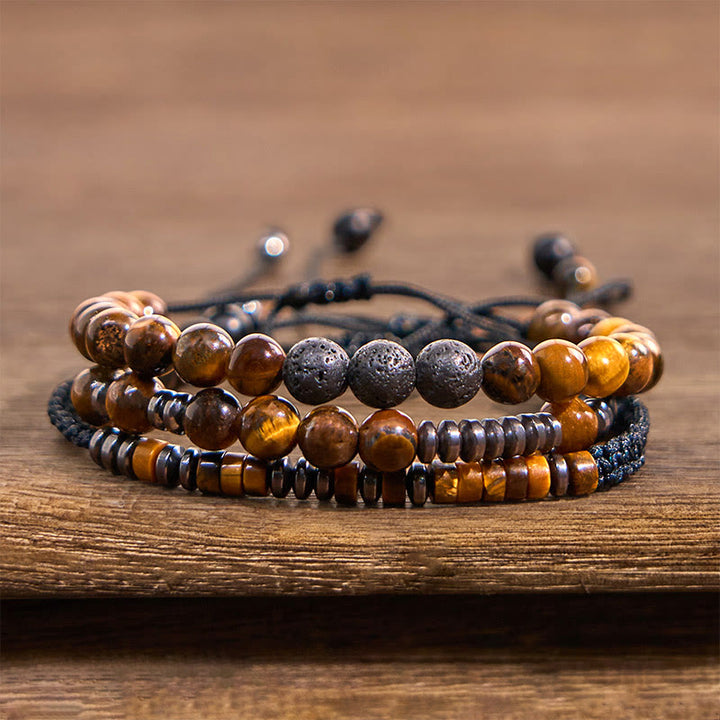Ensemble de 3 bracelets de protection en pierre de lave œil de tigre et Buddha Stones - Ensemble de 3 pièces œil de tigre (tour de poignet : 15-26 cm) - image 0