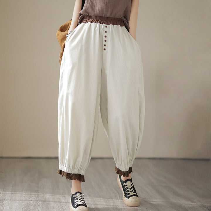Pantalon Buddha Stones décontracté en coton et lin pour femme, couleur unie, patchwork, avec ceinture élastique et poches, style printemps