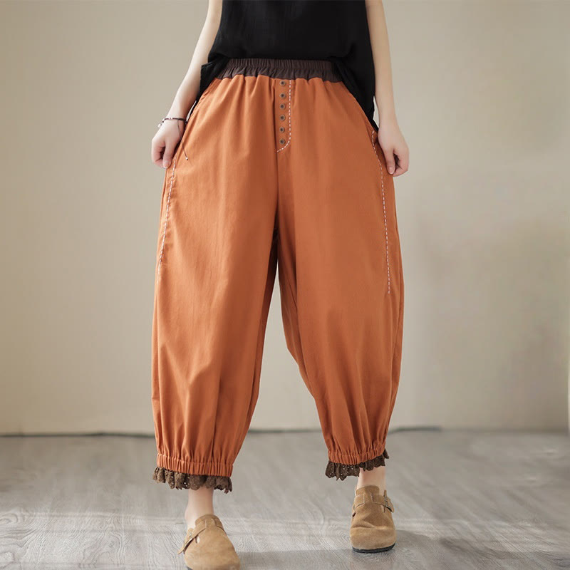 Pantalon Buddha Stones décontracté en coton et lin pour femme, couleur unie, patchwork, avec ceinture élastique et poches, style printemps