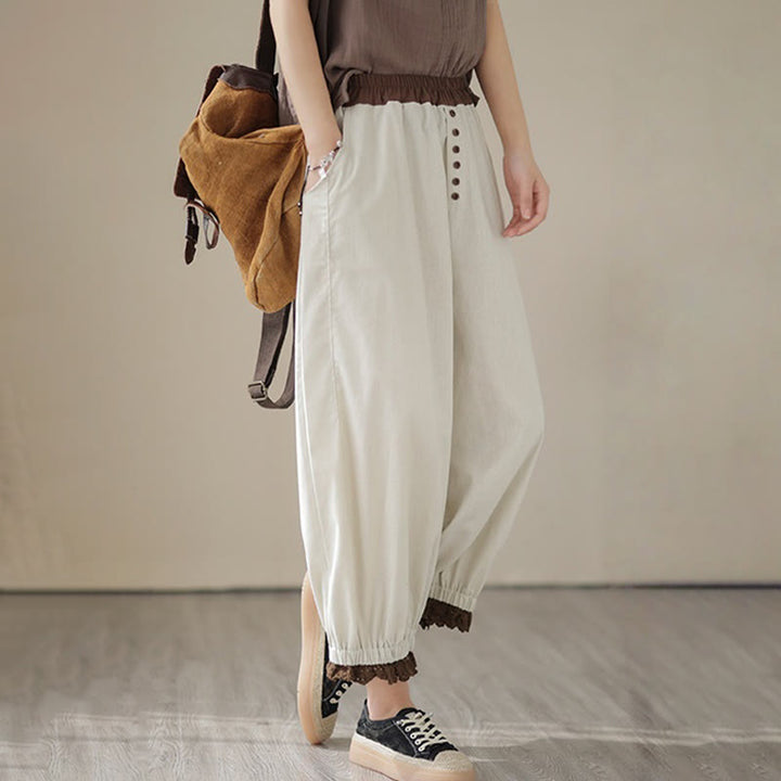 Pantalon Buddha Stones décontracté en coton et lin pour femme, couleur unie, patchwork, avec ceinture élastique et poches, style printemps