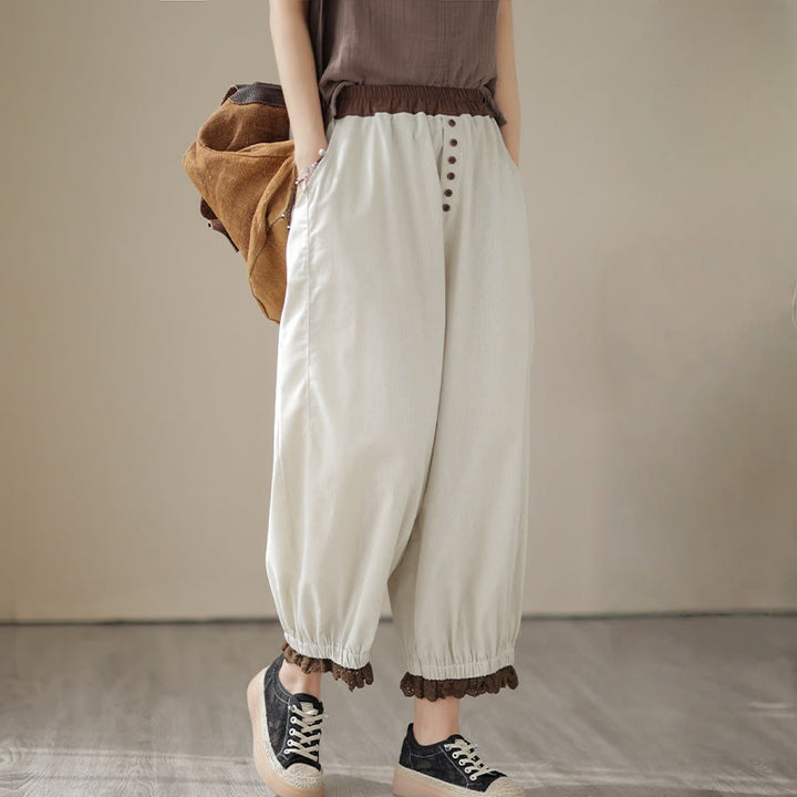Pantalon Buddha Stones décontracté en coton et lin pour femme, couleur unie, patchwork, avec ceinture élastique et poches, style printemps