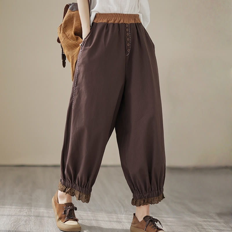 Pantalon Buddha Stones décontracté en coton et lin pour femme, couleur unie, patchwork, avec ceinture élastique et poches, style printemps