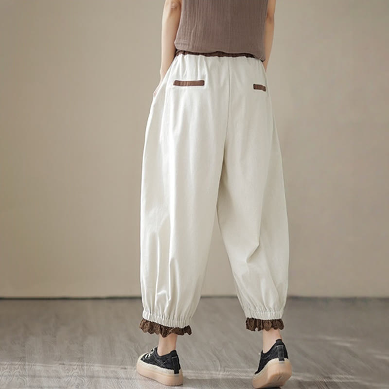 Pantalon Buddha Stones décontracté en coton et lin pour femme, couleur unie, patchwork, avec ceinture élastique et poches, style printemps