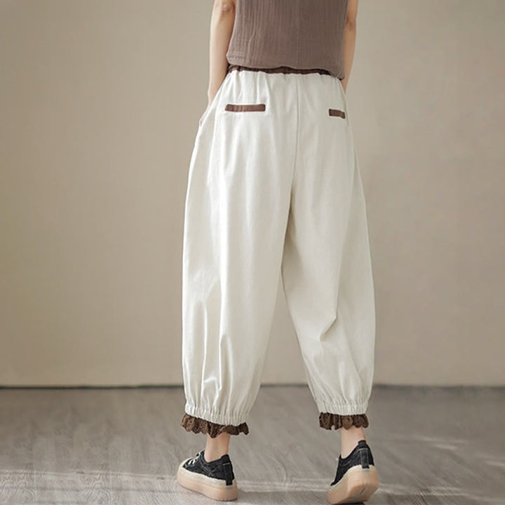 Pantalon Buddha Stones décontracté en coton et lin pour femme, couleur unie, patchwork, avec ceinture élastique et poches, style printemps