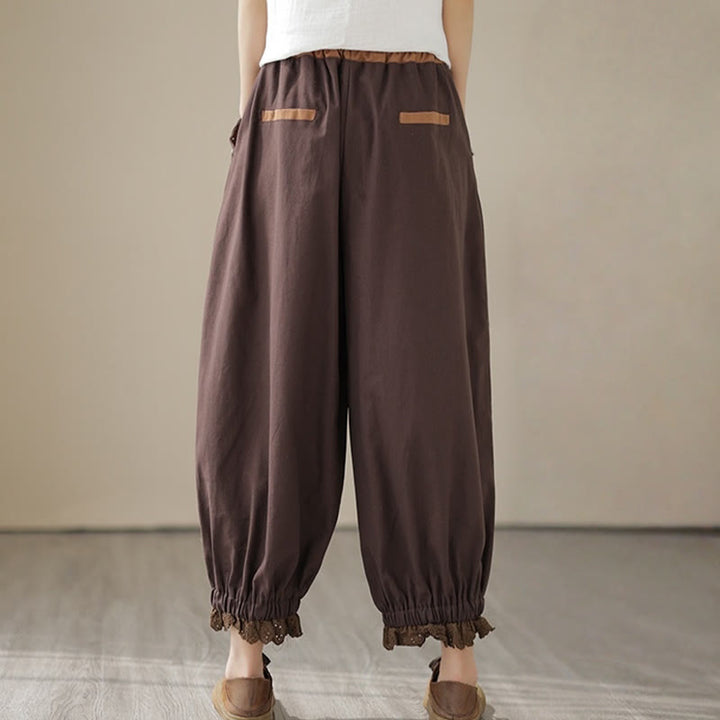Pantalon Buddha Stones décontracté en coton et lin pour femme, couleur unie, patchwork, avec ceinture élastique et poches, style printemps
