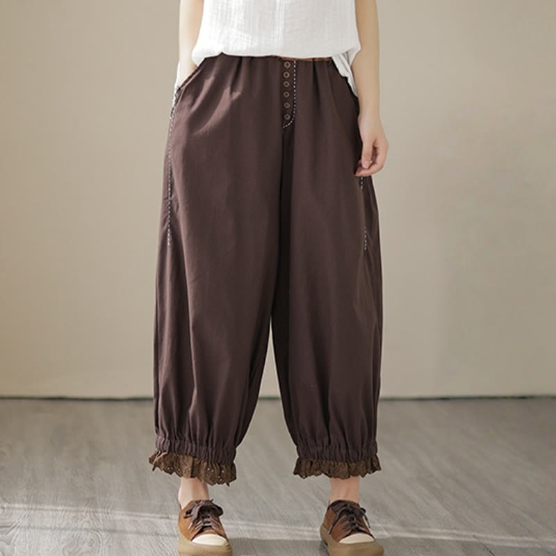 Pantalon Buddha Stones décontracté en coton et lin pour femme, couleur unie, patchwork, avec ceinture élastique et poches, style printemps