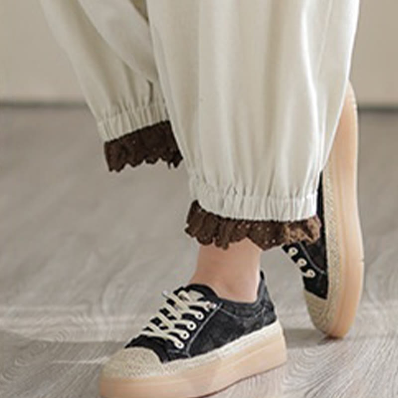 Pantalon Buddha Stones décontracté en coton et lin pour femme, couleur unie, patchwork, avec ceinture élastique et poches, style printemps