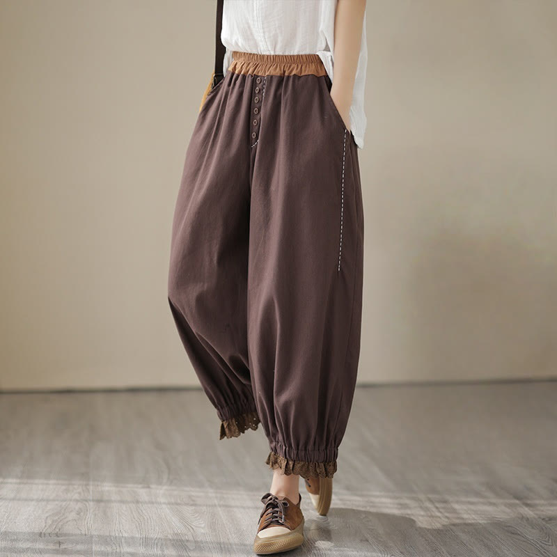 Pantalon Buddha Stones décontracté en coton et lin pour femme, couleur unie, patchwork, avec ceinture élastique et poches, style printemps