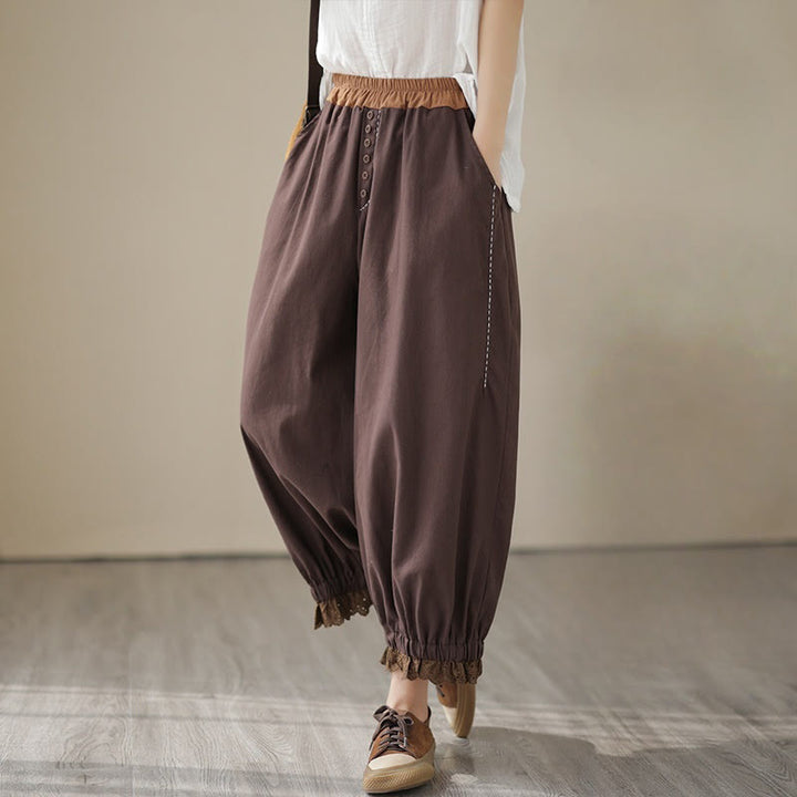 Pantalon Buddha Stones décontracté en coton et lin pour femme, couleur unie, patchwork, avec ceinture élastique et poches, style printemps