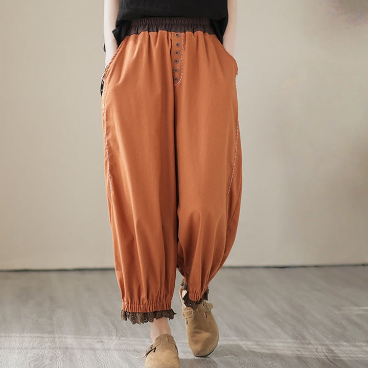 Pantalon Buddha Stones décontracté en coton et lin pour femme, couleur unie, patchwork, avec ceinture élastique et poches, style printemps